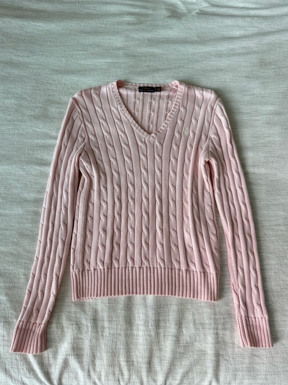 Polo Ralph Lauren Light Pink Cotton Cable‑Knit V‑Neck Sweater
